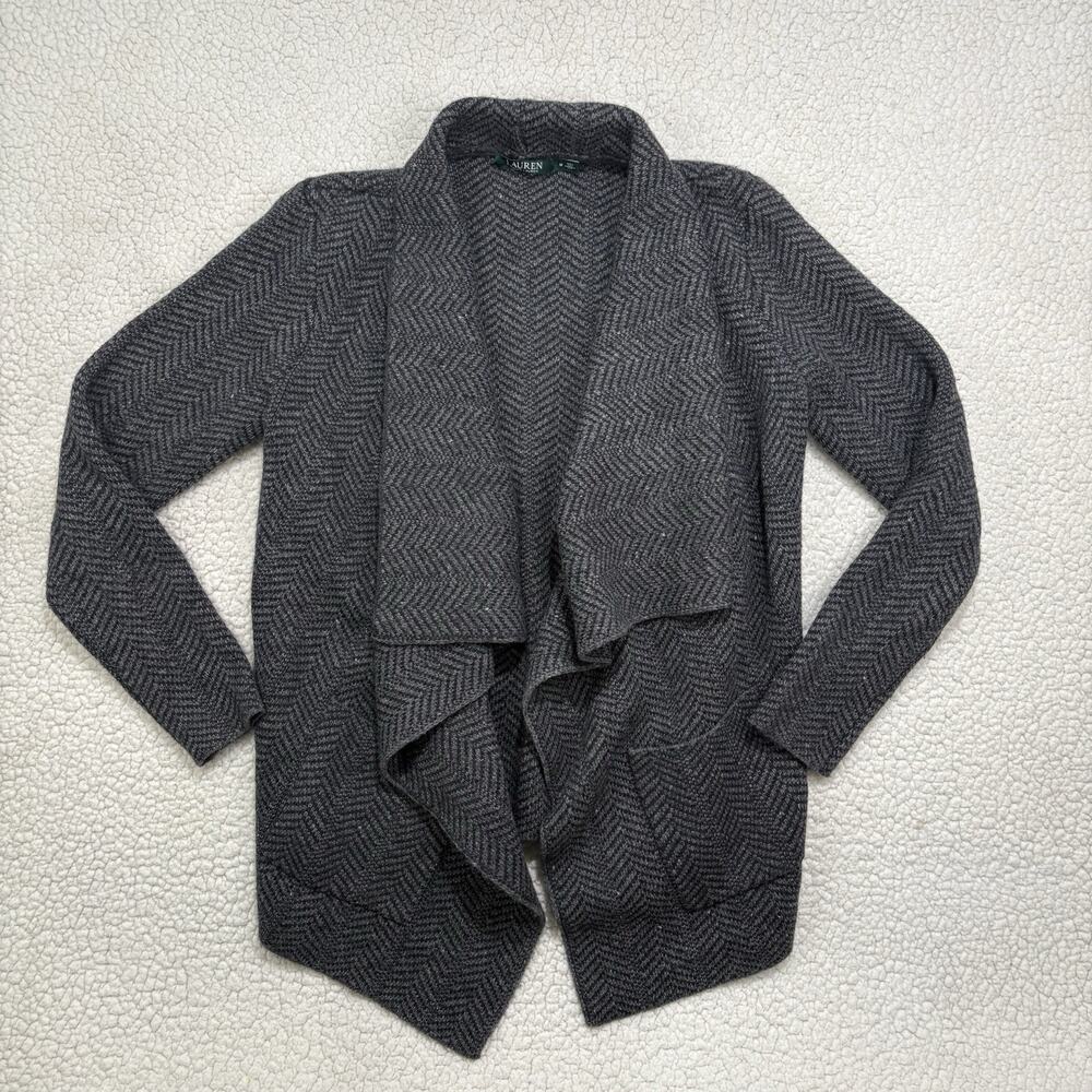 Lauren Ralph Lauren Womens M Wool Blend Open Front Cardigan Herringbone Draped